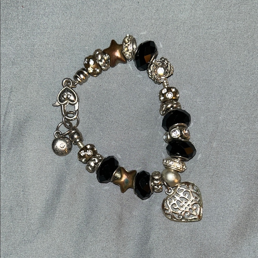 Pandora Black and Silver Heart Charm Bracelet with Bronze Star Accents
